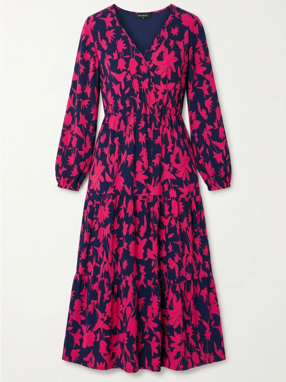 V-Neck Tiered Maxi Dress in Navy & Fuchsia -